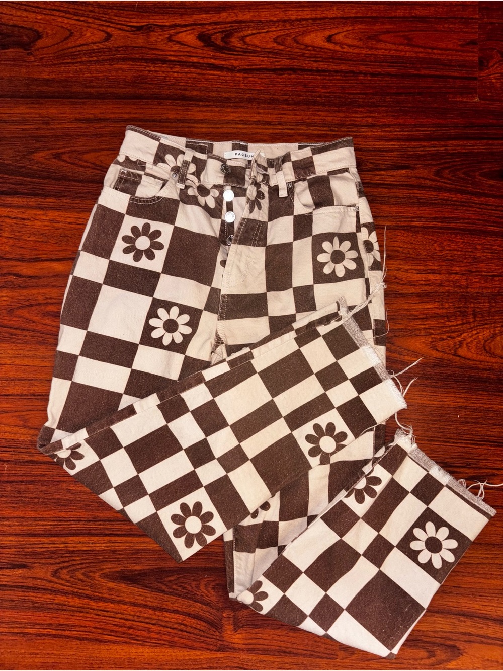 PacSun women’s Checkerboard Daisy Jeans - Brown & Cream